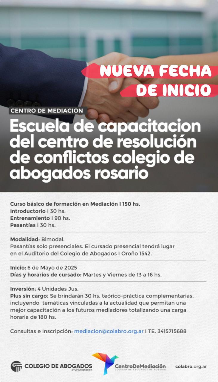 CURSO BASICO DE FORMACION EN MEDIACION – INTRODUCTORIO - ENTRENAMEINTO – PASANTIAS - NUEVA FECHA de Inicio 06/05/2025